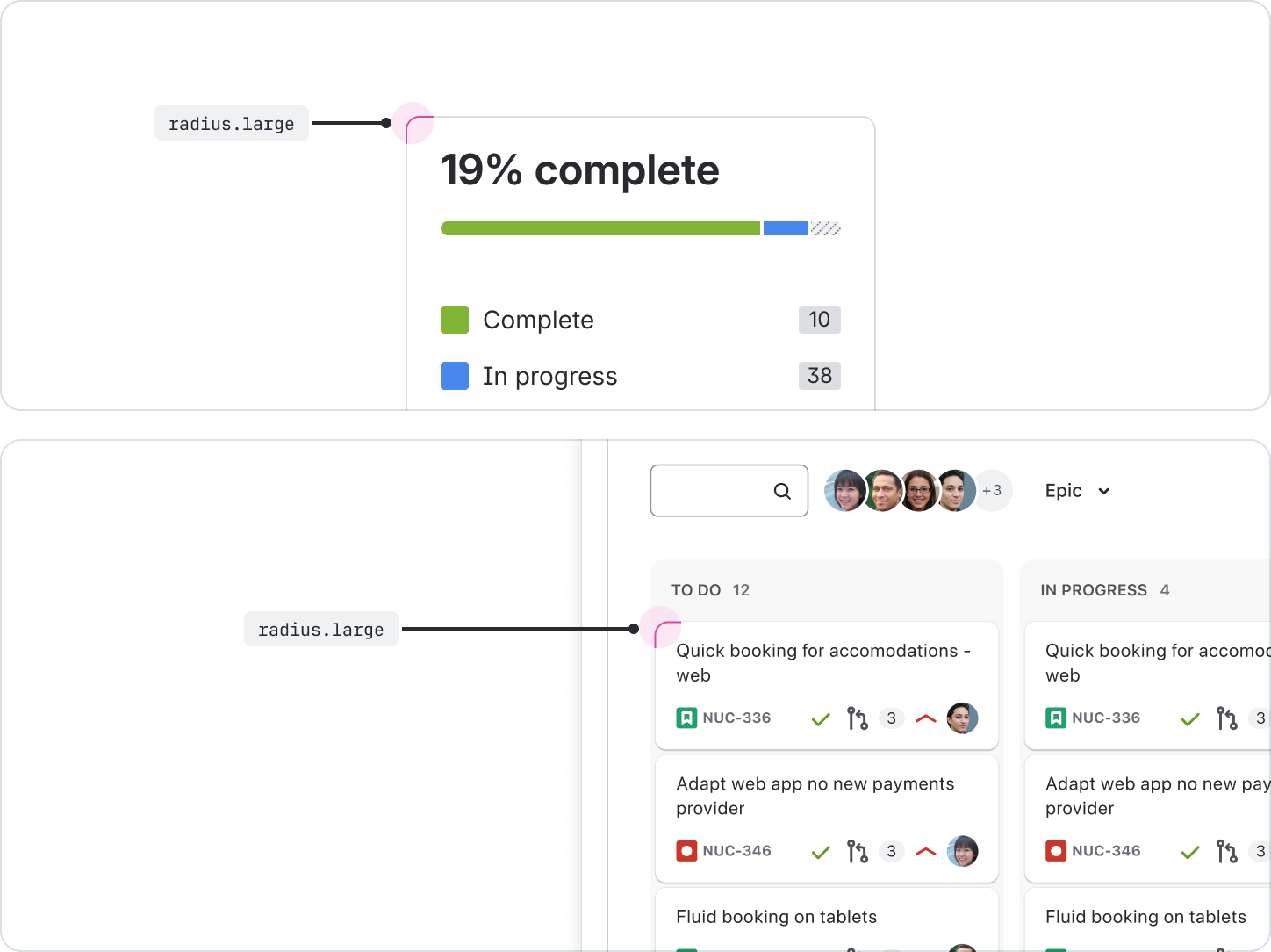 Two examples, one of a progress summary card and one of a Jira work item on a board, both of which use the "radius.large" token.
