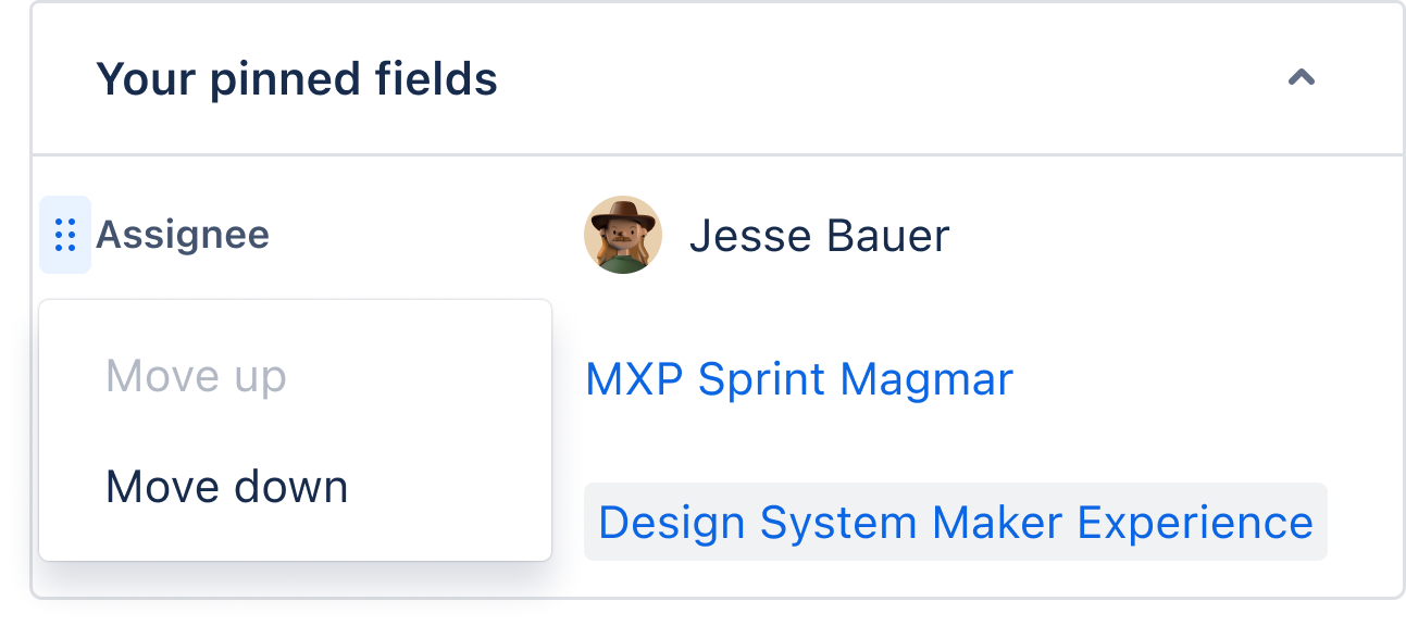 An issue details view in Jira. A drag handle icon appears at the left of the assignee field. It is focussable, and opens a menu with options to move the field up or down in the view.