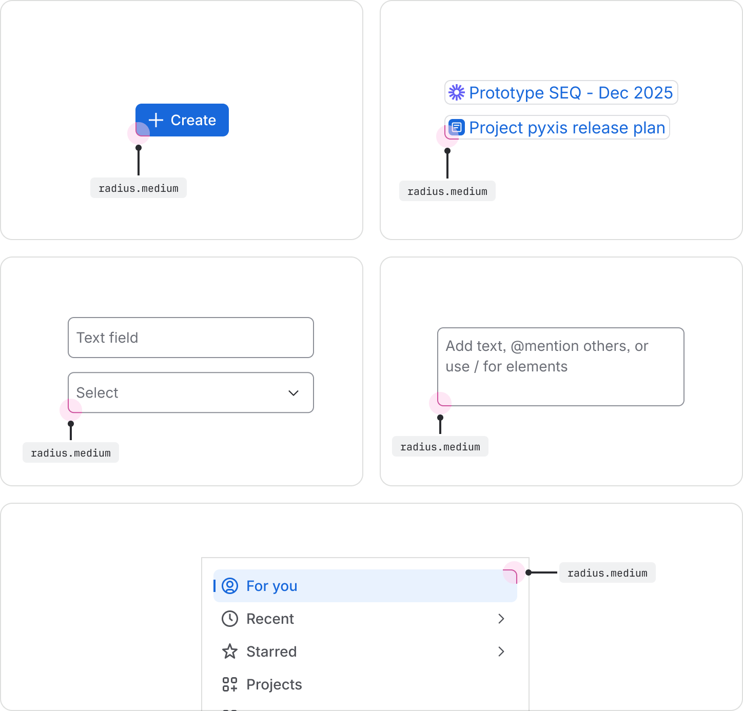 Examples of buttons, smart links, text fields, dropdowns, and navigation menu items all using the "radius.medium" token.