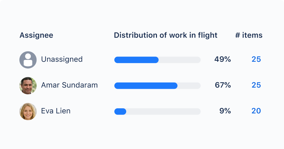 An example table where the progress bar is used to indicate the percentage of work allocated per person.