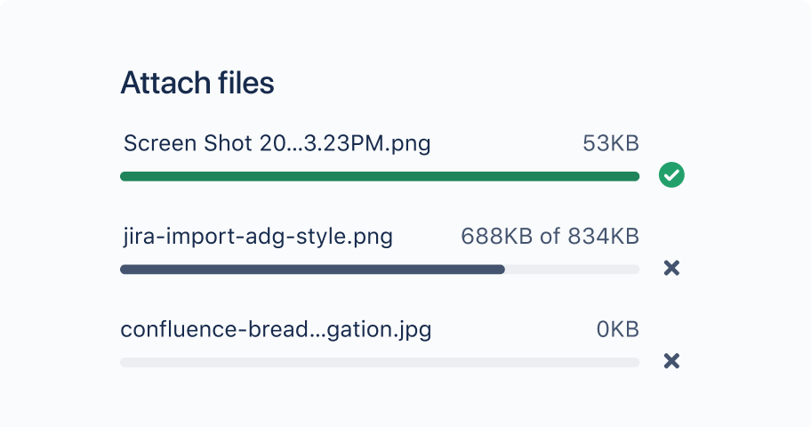 An example UI with the heading "Attach files". There are three files with progress bars indicating how far they are in the upload process.