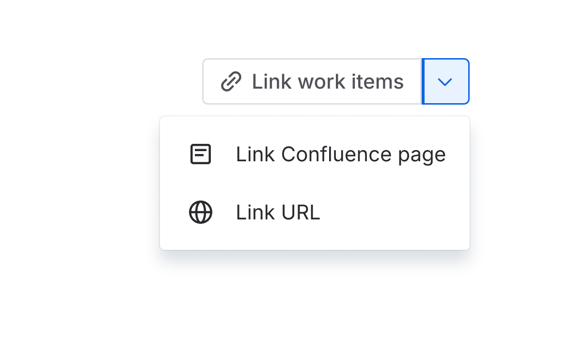 A "link work items" button with a menu of related link options, such as Link Confluence page and Link URL.