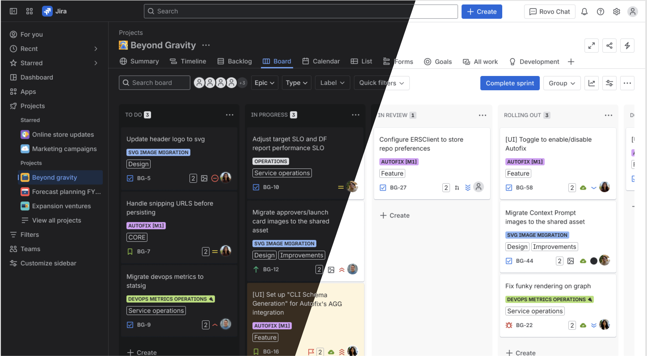 Screenshot of a Confluence page, which is shown half in light mode and half in dark mode. The button background uses B700 in light mode and B400 in dark mode. The section message background uses B100 in light mode and B1000 in dark mode.