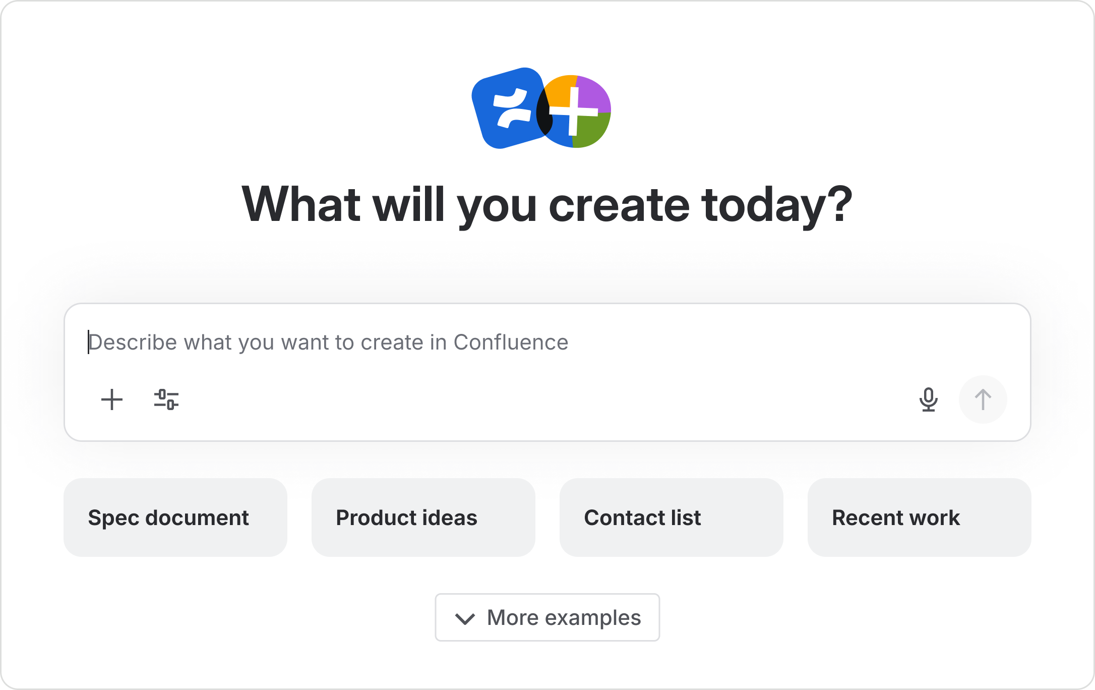 AI create is a full-page chat experience with a centered prompt input and suggested actions below it.
