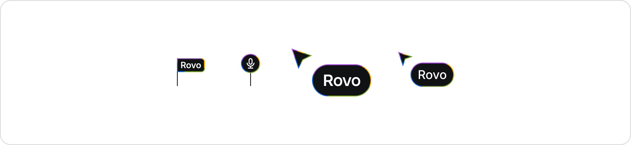 Telepointer components represent Rovo. There's a text cursor, whiteboard cursor, or audio/microphone pointer. The telepointer label/background is always black (or white in dark mode) for Rovo to set it apart from users and teammates.