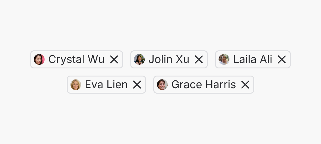 Tags with person names and avatars: Crystal Wu, Jolin Xu, Laila Ali, Eva Lien, and Grace Harris