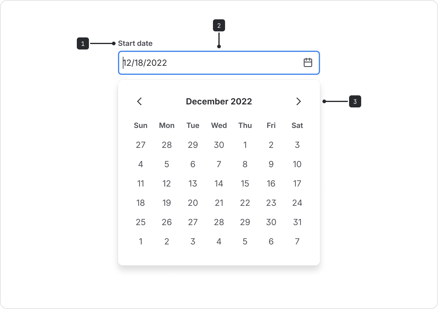 The label is left-aligned above the date input field. The calendar is a dropdown menu that opens below the date field.
