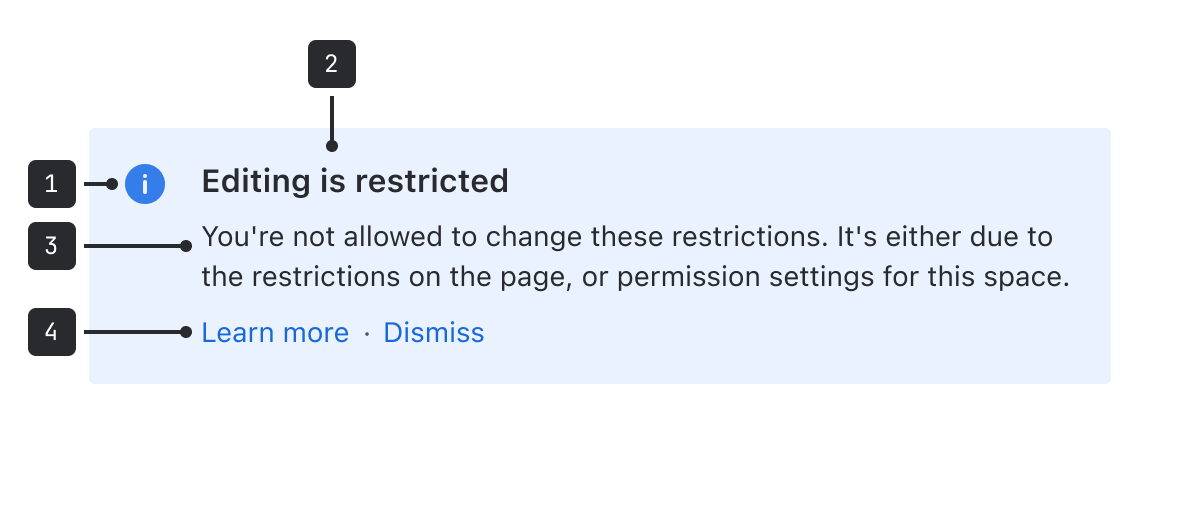 The example message uses the "information" style, with a title "Editing is restricted" and a description "You're not allowed to change these restrictions. It's either due to the restrictions on the page, or permission settings for this space."
