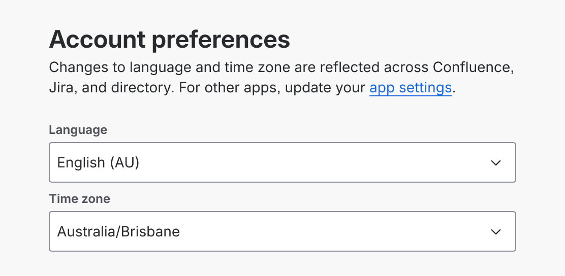 Account preferences form with the default language set to English (AU) and time zone set to Australia/Brisbane.