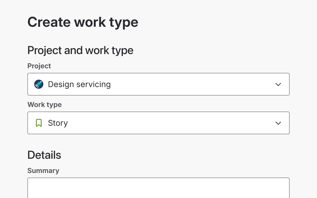 Form example where the fields "Project" and "Work type" are grouped under the subheading "Location and type".
