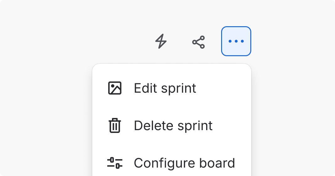 A more actions menu where each menu item has a different icon preceding the text label. Other icon buttons surround the menu.