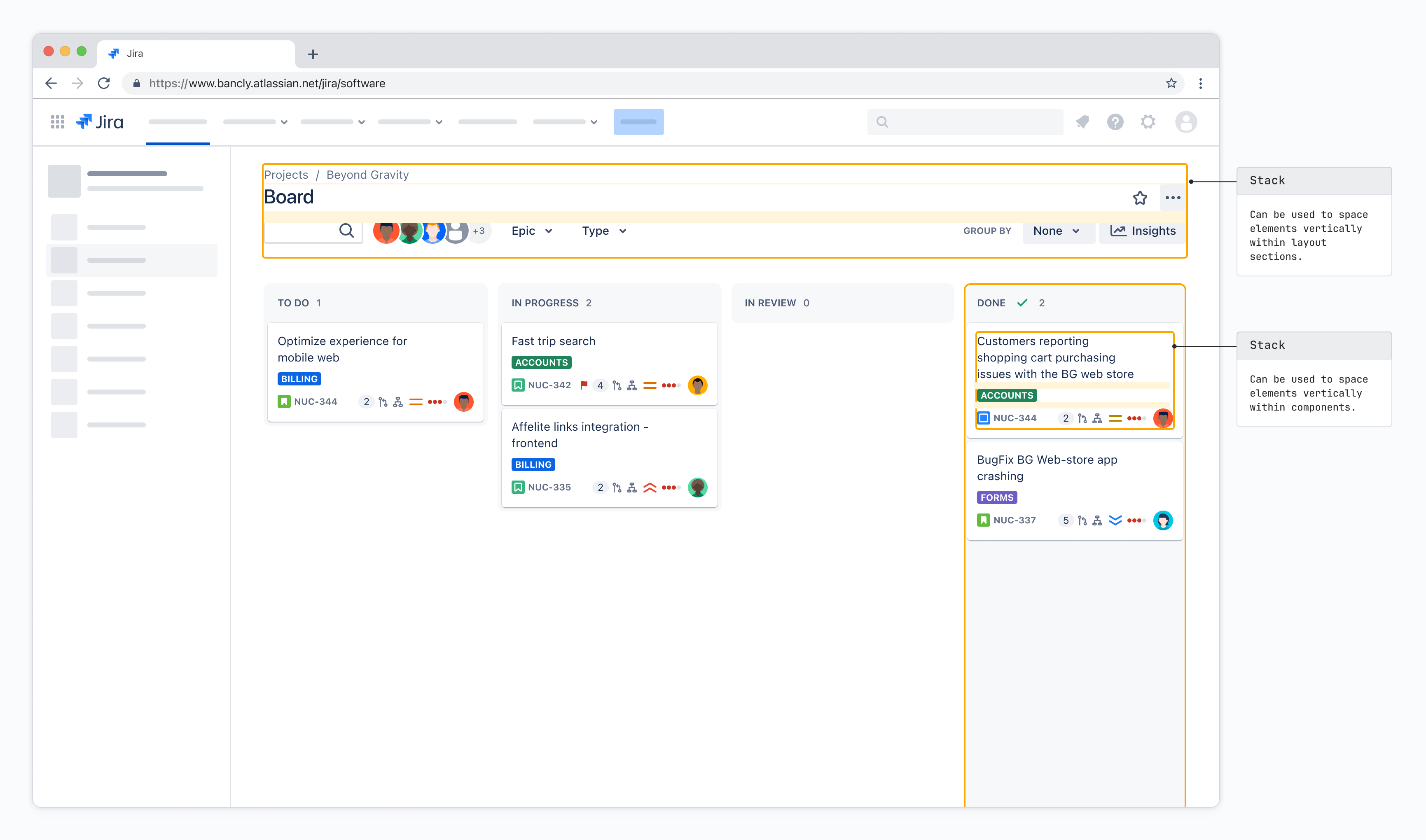 Screenshot of a typical Jira board with swimlanes. Various areas are highlighted as examples of how Stack containers are used for layout