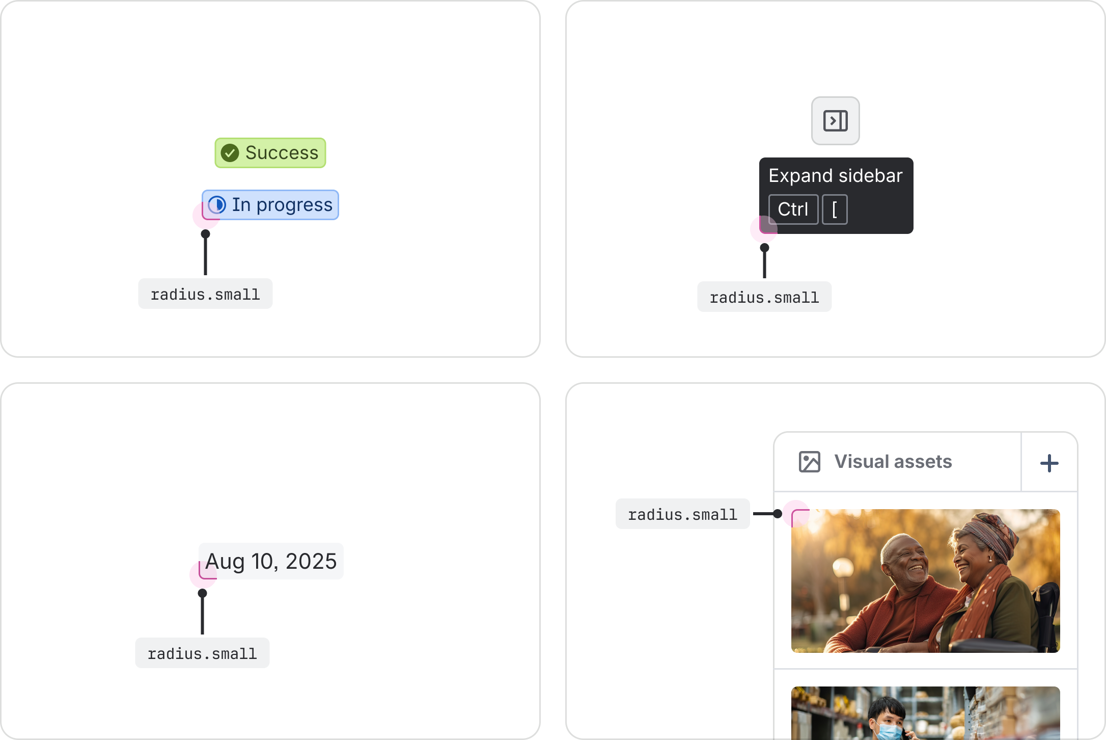 Examples of lozenges, tooltips, dates and photos in a section that all use the "radius.small" token.