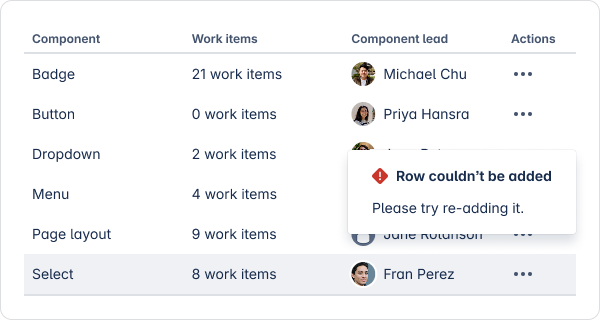 An example table with an error popup that says "We couldn't add the row. Please try again."