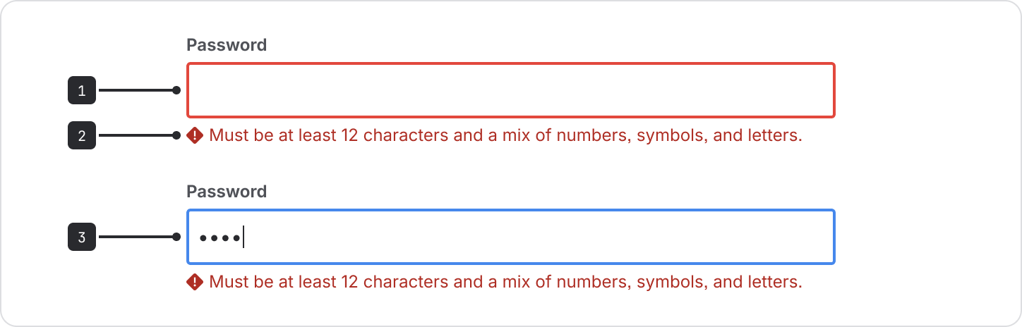 Form validation example showing error messaging placement below each field and the use of red to highlight an unfocused text field that needs an entry.