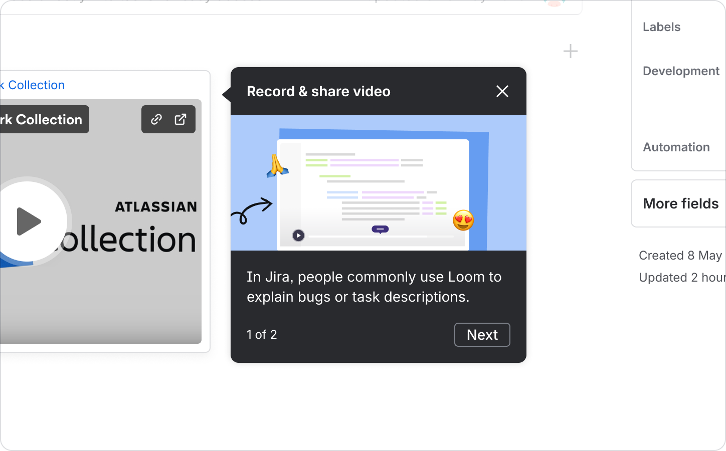 Example of a first spotlight in multi-step tour with content about Loom pointing at a Loom video.