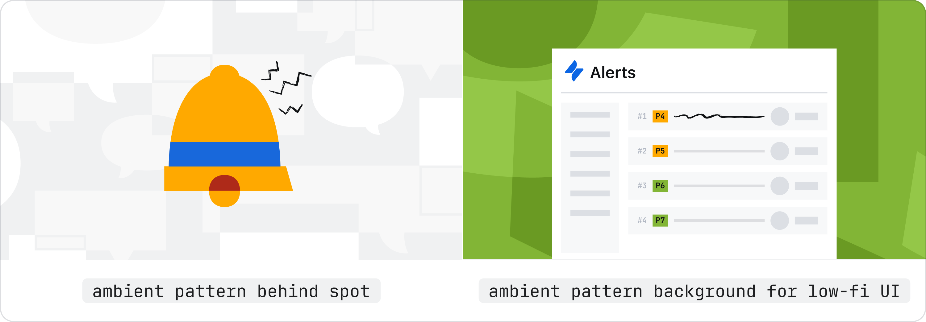 Two examples of ambient patterns: a gray geometric pattern behind a bell spot illustration, and a green organic pattern as the background for a low-fidelity UI alerts panel