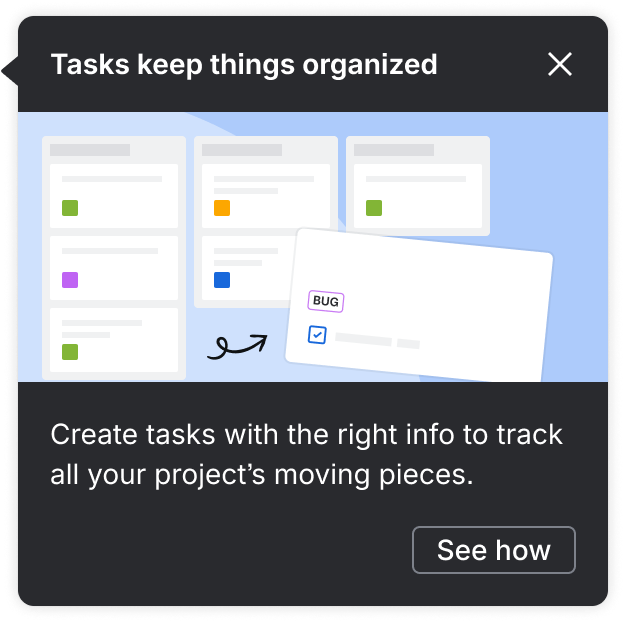 Example of a medium complexity spotlight that includes a single frame illustration that is describing creating tasks with the right information.