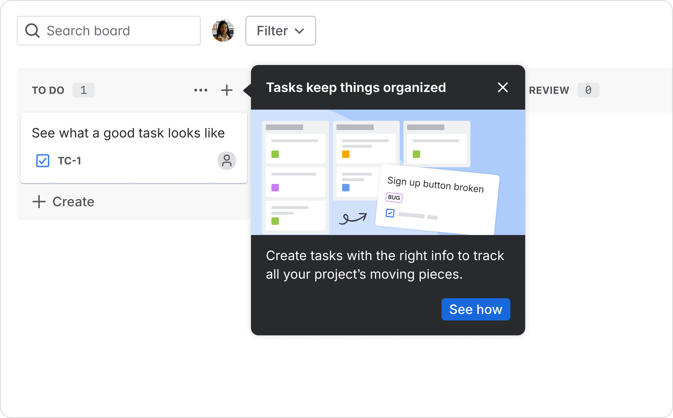 Example of a single-step spotlight with content about Jira tasks pointing at a task on a Jira board.