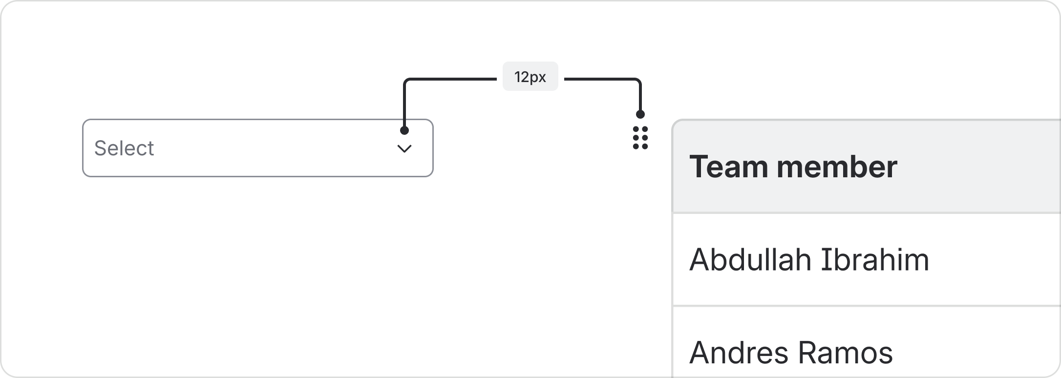 Diagram of 12 pixel small icons in components. The chevron icon in the select field and the drag handle dots icon are both 12 px.