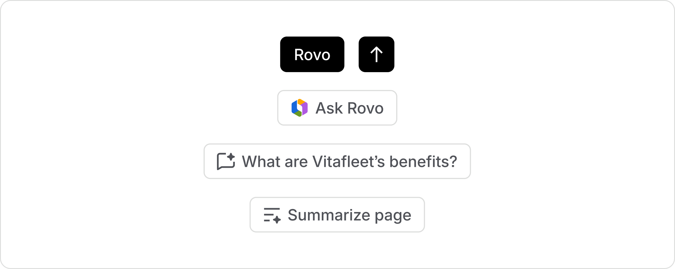 A collection of Rovo buttons and prompt starters shown together.