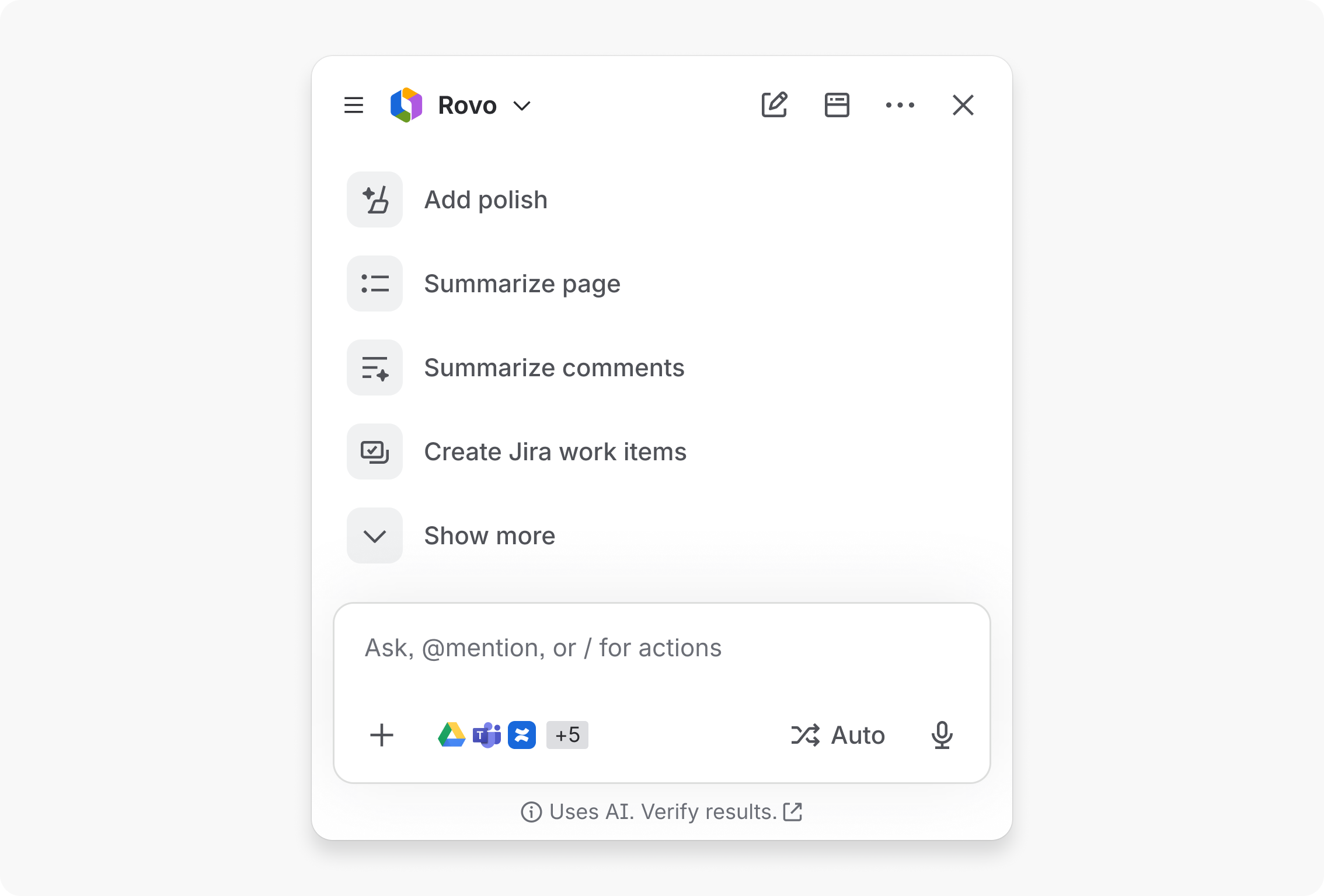 A Rovo chat view using icon tiles to give actions more visual prominence.