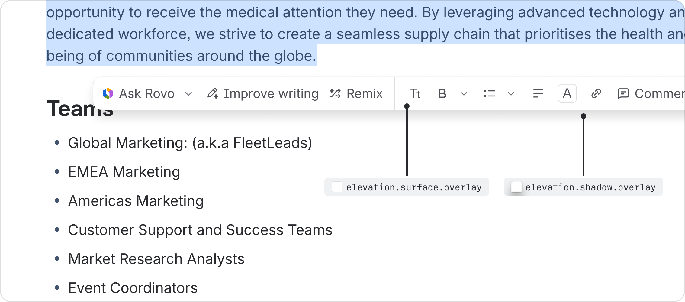 Rovo actions sitting within core Atlassian Design System elevations in a toolbar.