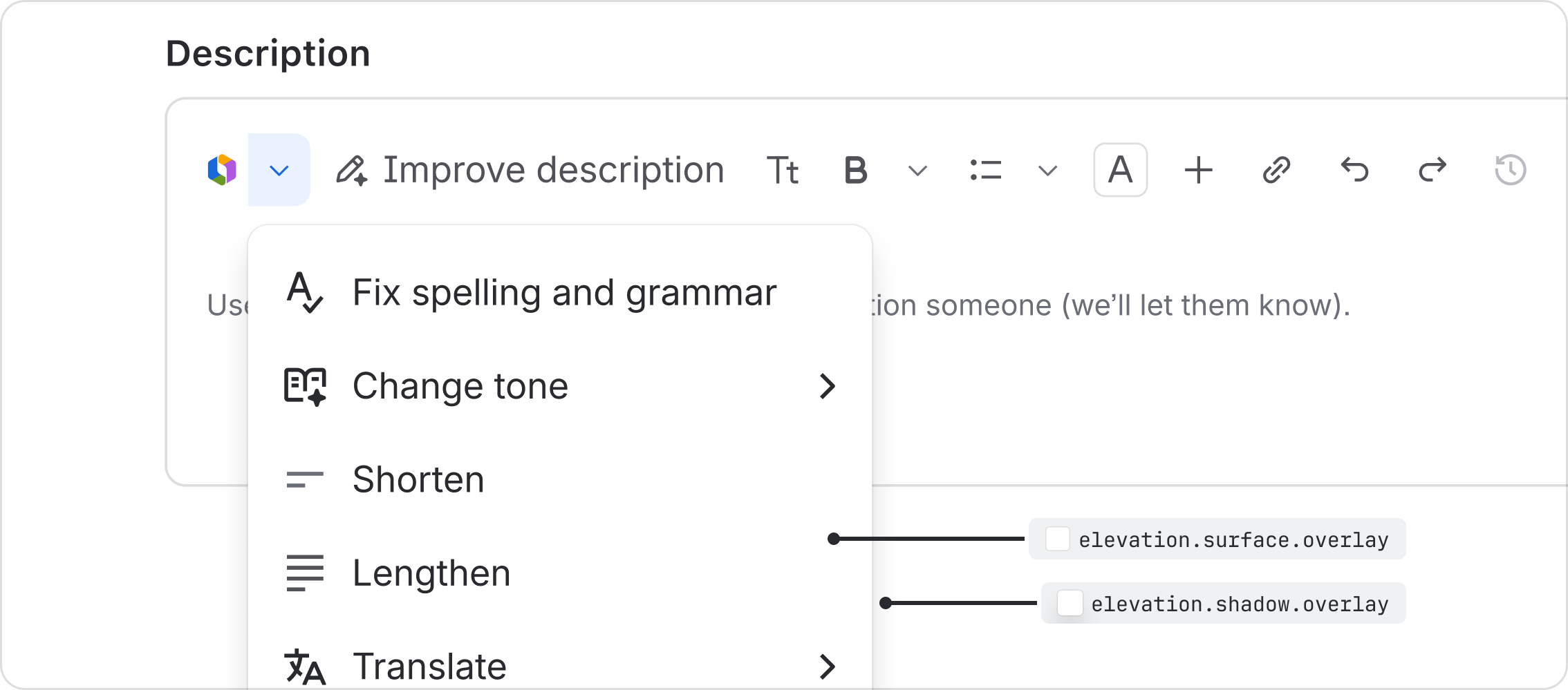 Rovo menu using surfaces and shadows from core Atlassian Design System elevations.