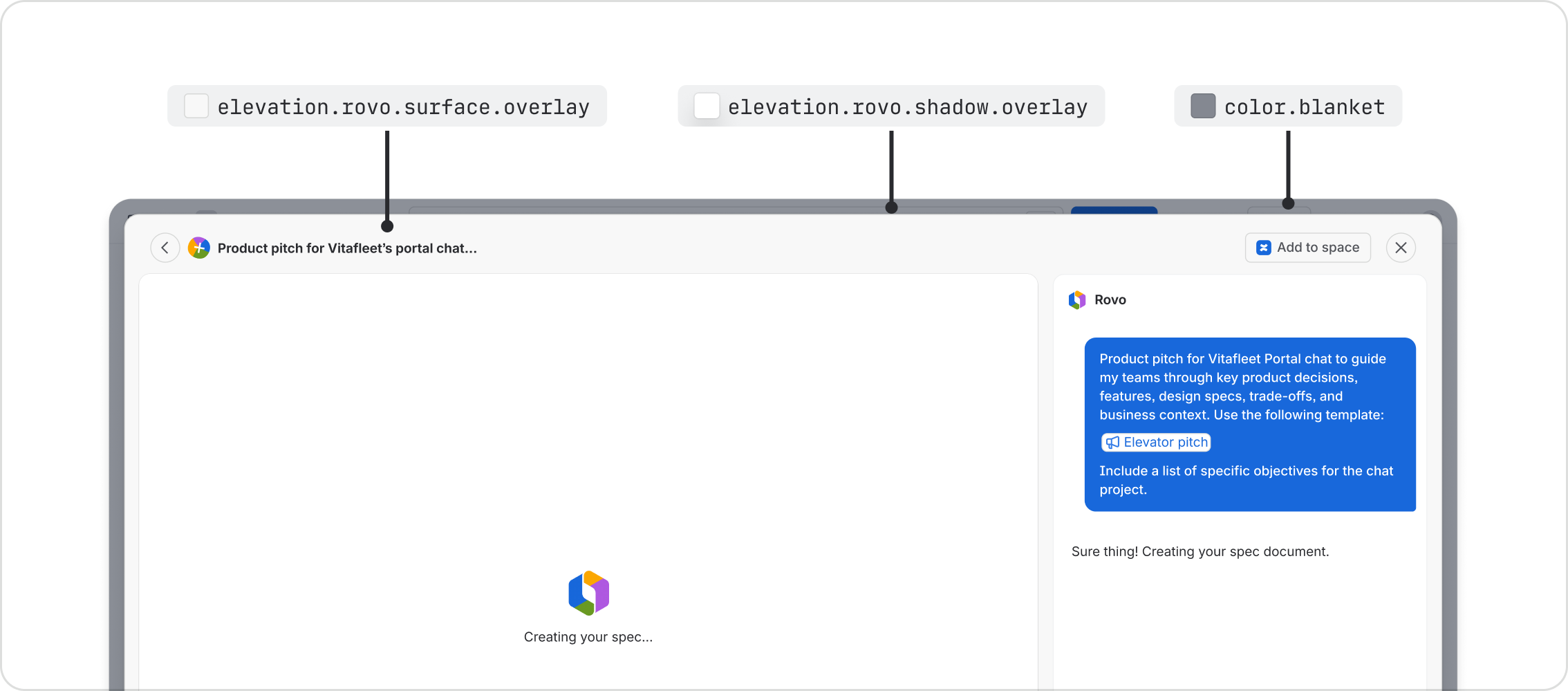 A second Rovo overlay example annotated with its surface and shadow tokens.
