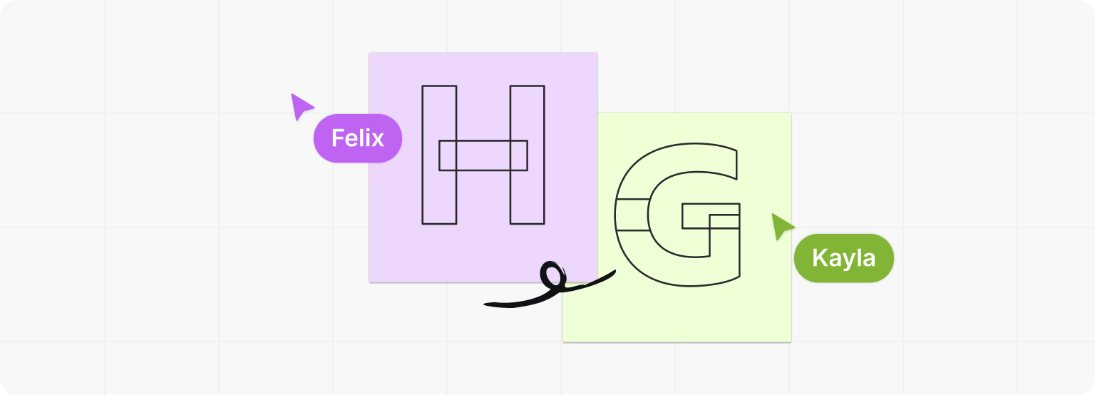 User name 'Felix' and 'Kayla' with cursors in design file accompanied by sticky notes.