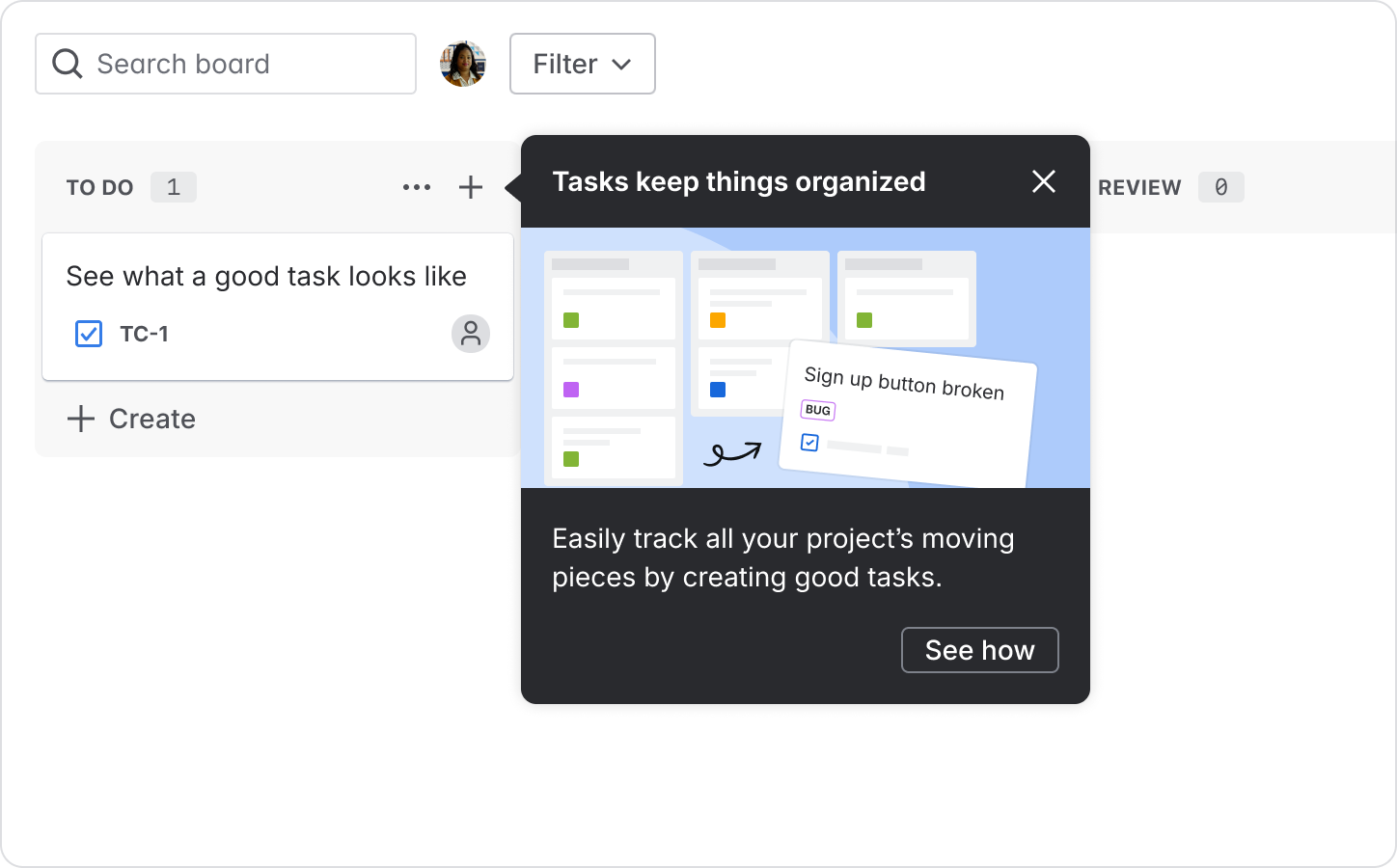 Example of a single-step spotlight with content about Jira tasks pointing at a task on a Jira board.