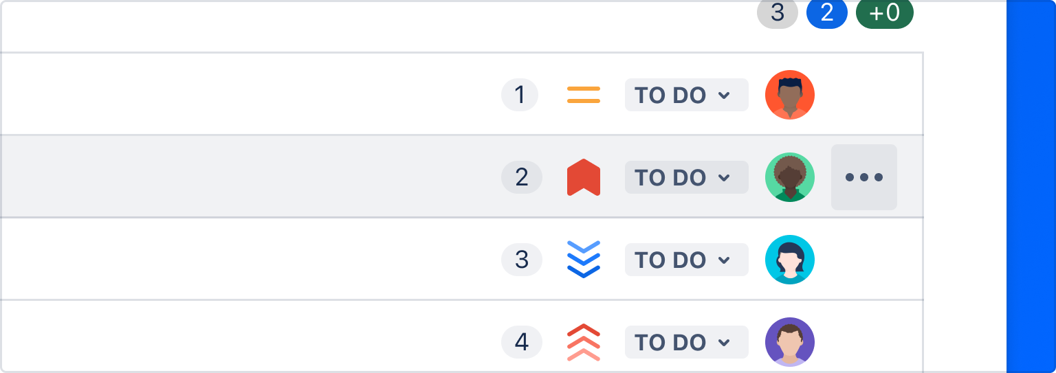 A Jira work item list view where a more actions button appears on the items. The button has three dots as a label ...