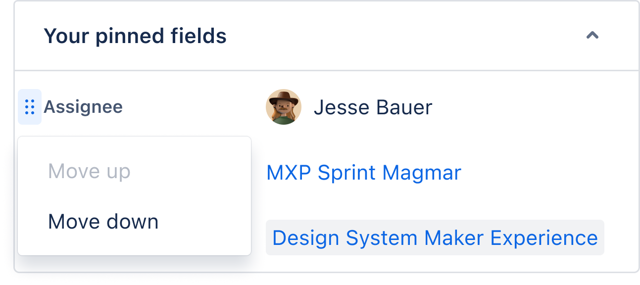A work item details view in Jira. A drag handle icon appears at the left of the assignee field. It is focussable, and opens a menu with options to move the field up or down in the view.