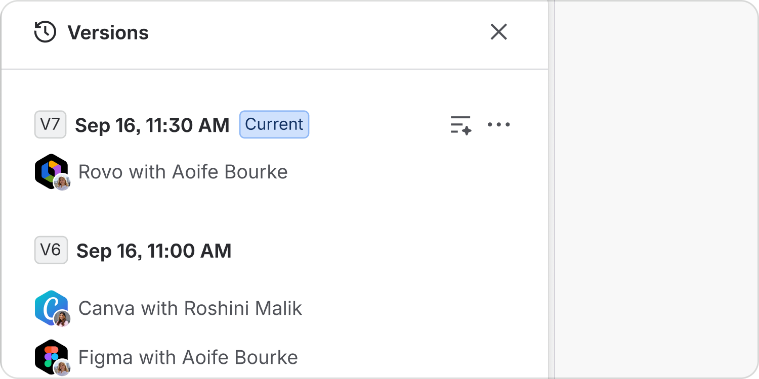 Page version history credits agent edits to Rovo, Canva and Figma, each paired with the person who invoked the agent.