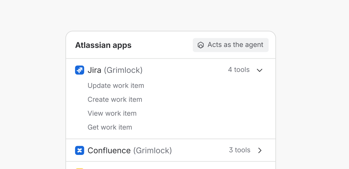 Agent settings list available tools by app, including Jira actions to create, update and view work items, and identify that they act as the agent.
