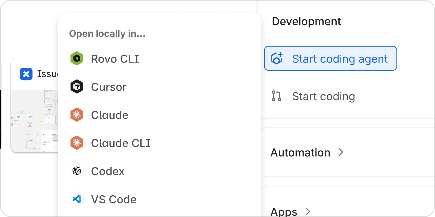 A Jira work item's Start coding agent menu offers local tools, including Rovo CLI, Cursor, Claude, Codex and VS Code.