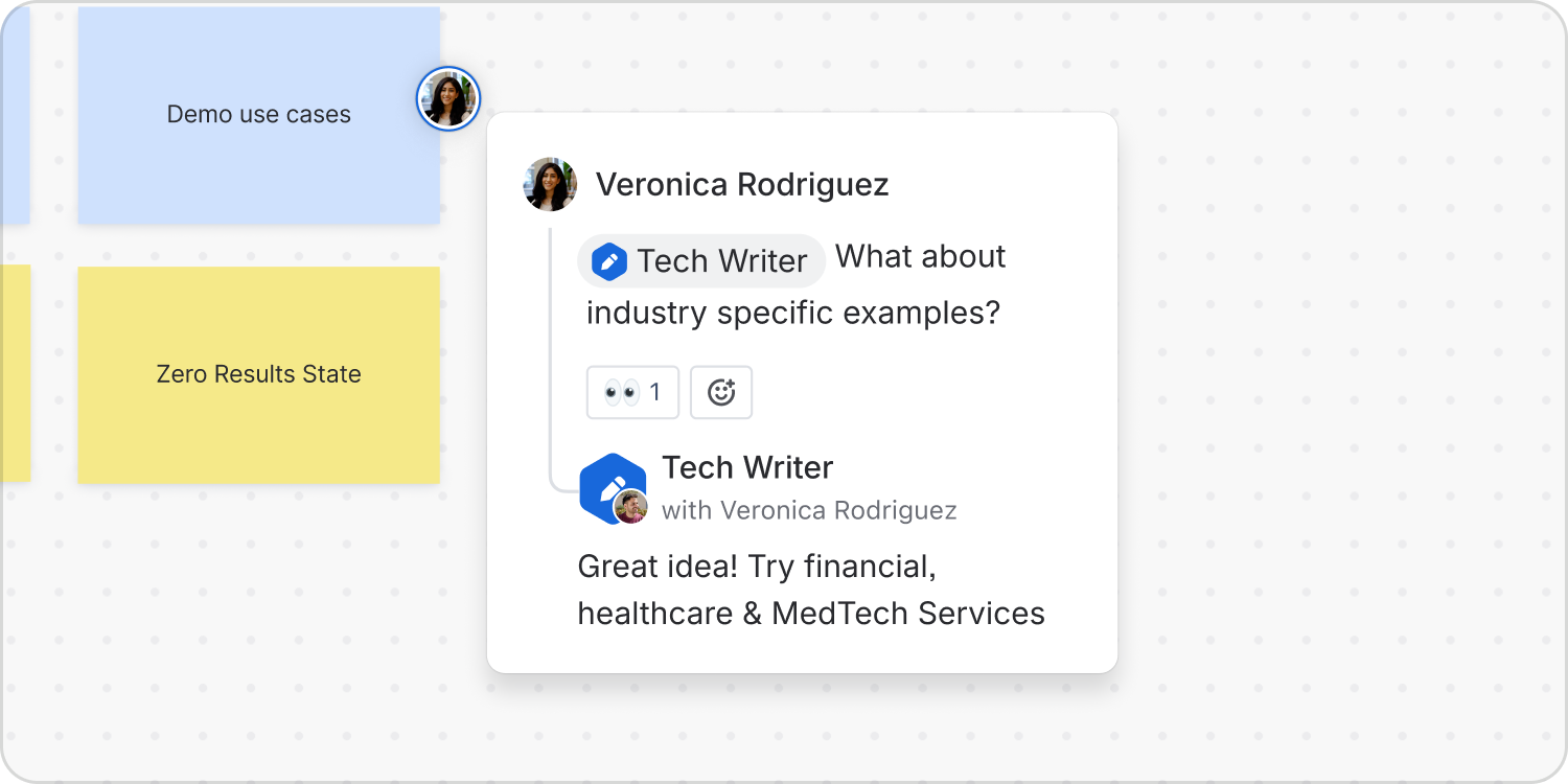 Veronica mentions Tech Writer in a whiteboard comment; the agent replies in the same thread, with attribution linking its response to Veronica.