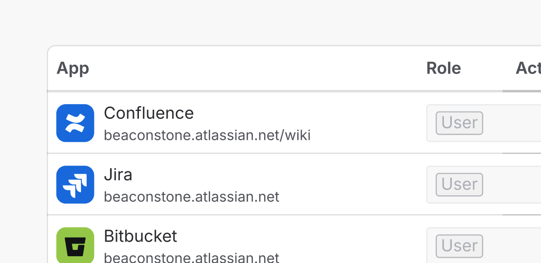 An agent's access is managed through separate app rows, without a visible control to suspend or deactivate the agent as a whole.