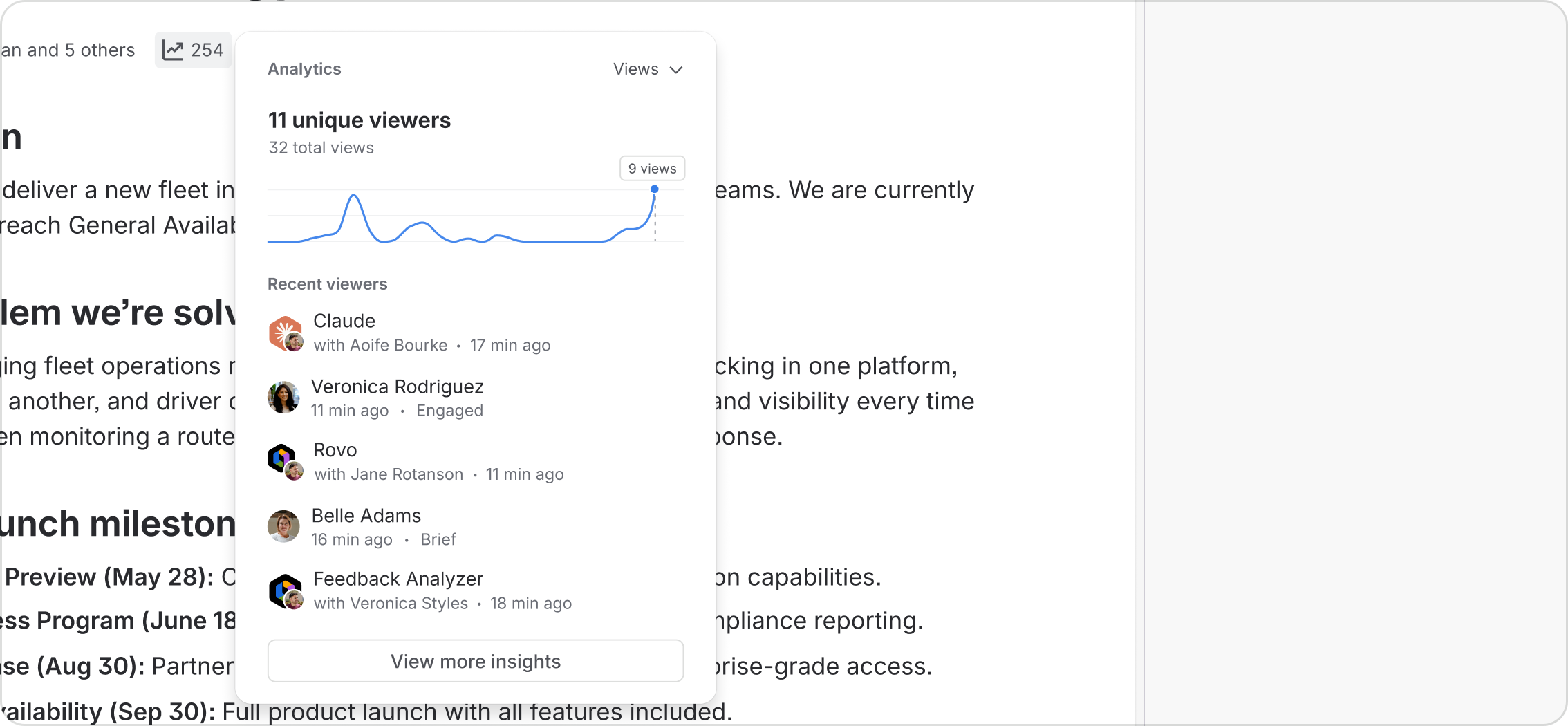 Page analytics include agents and people in the recent-viewer list, with each agent linked to the person it worked with.