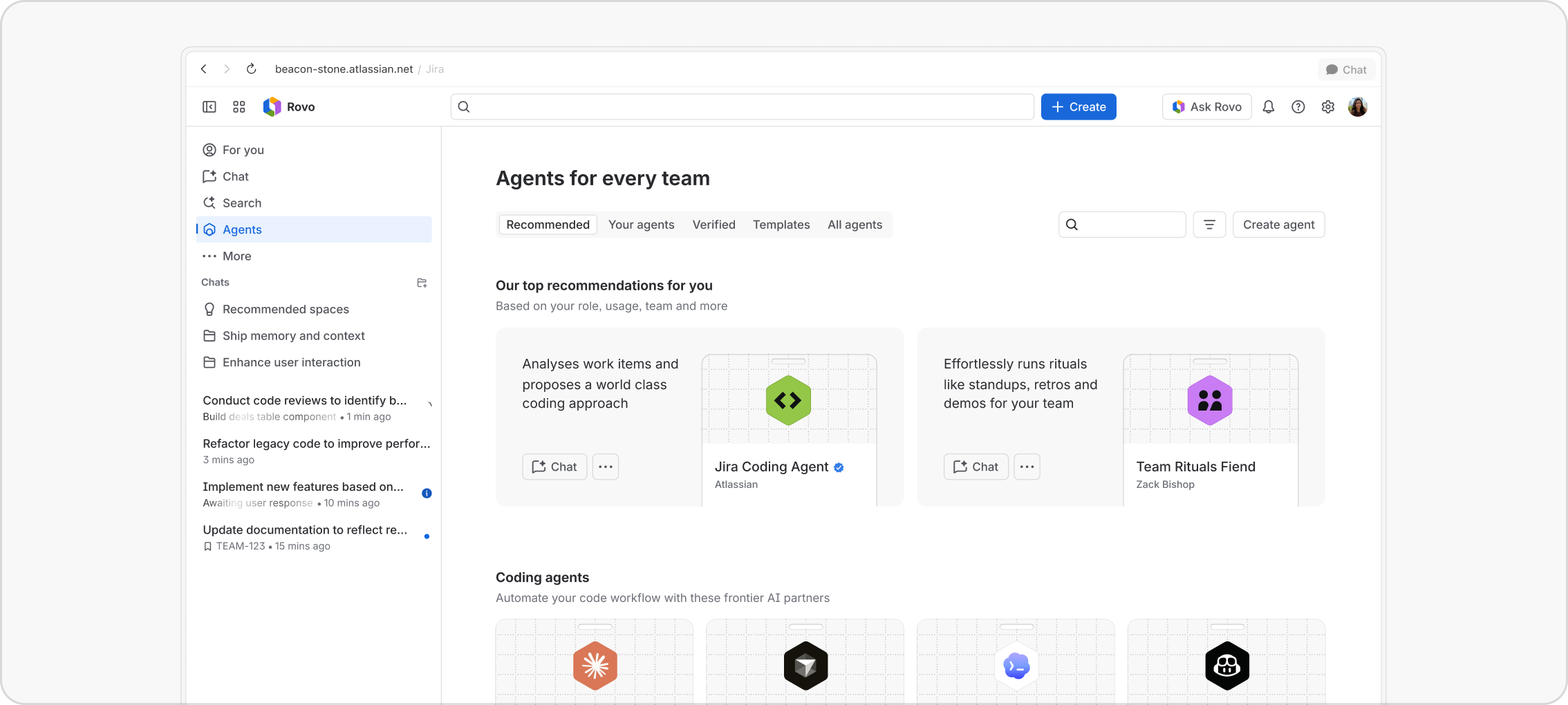 Rovo agent directory showing recommended agents and coding agents from multiple providers, each with a distinct hexagonal avatar.