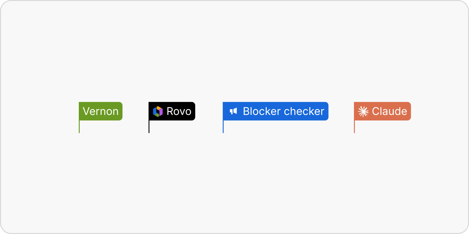 Named text insertion cursors distinguish Vernon, Rovo, Blocker checker and Claude, with agent icons identifying the agent cursors.
