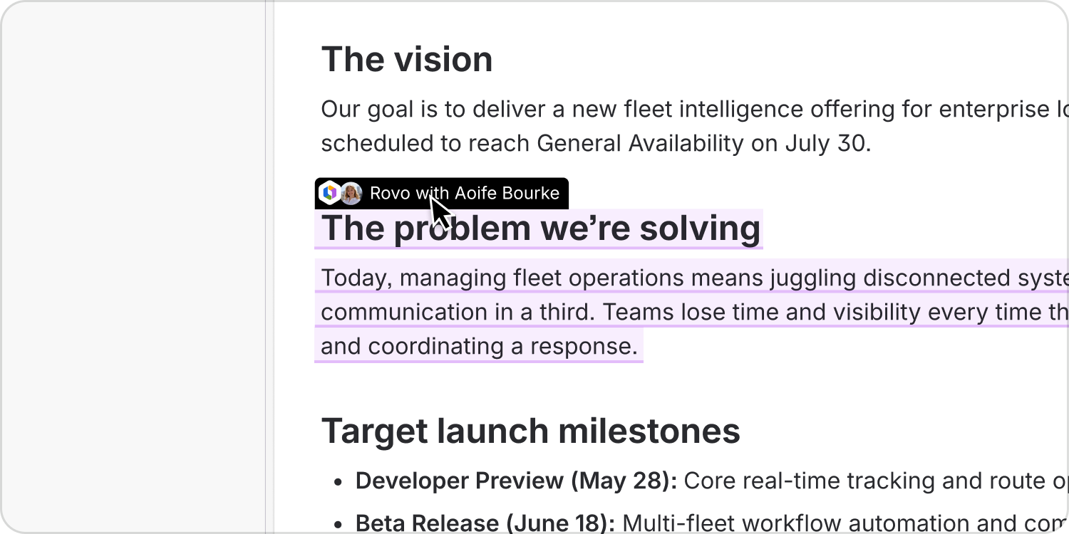 Highlighted page text is attributed to Rovo with Aoife Bourke, with their avatars displayed together beside the edit.