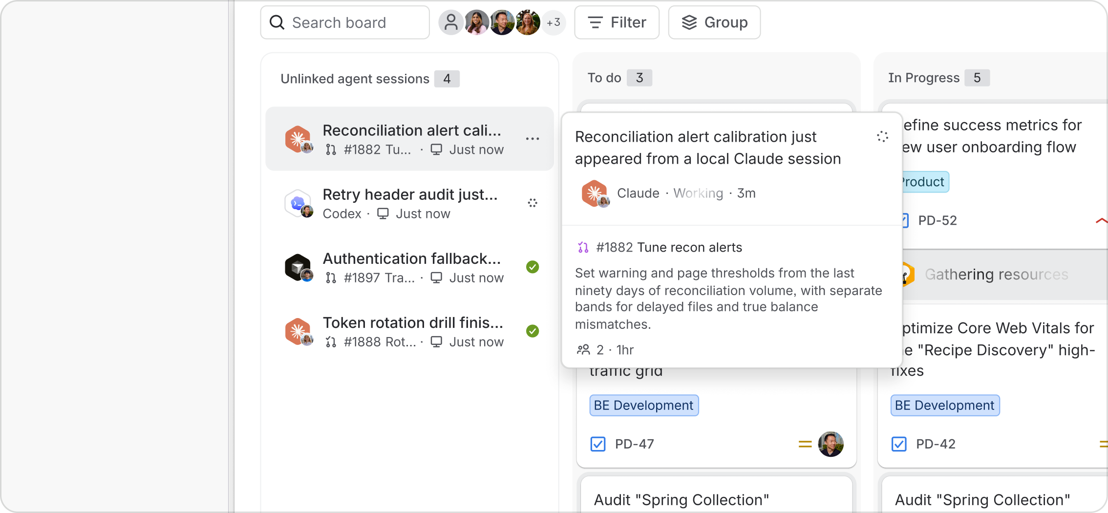 A Jira board lists unlinked local agent sessions; an expanded Claude session shows its activity, linked work and recent progress.