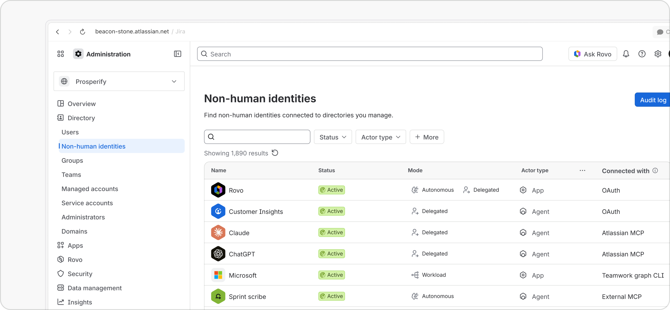 Atlassian Administration lists non-human identities with their status, operating mode, actor type and connection method.