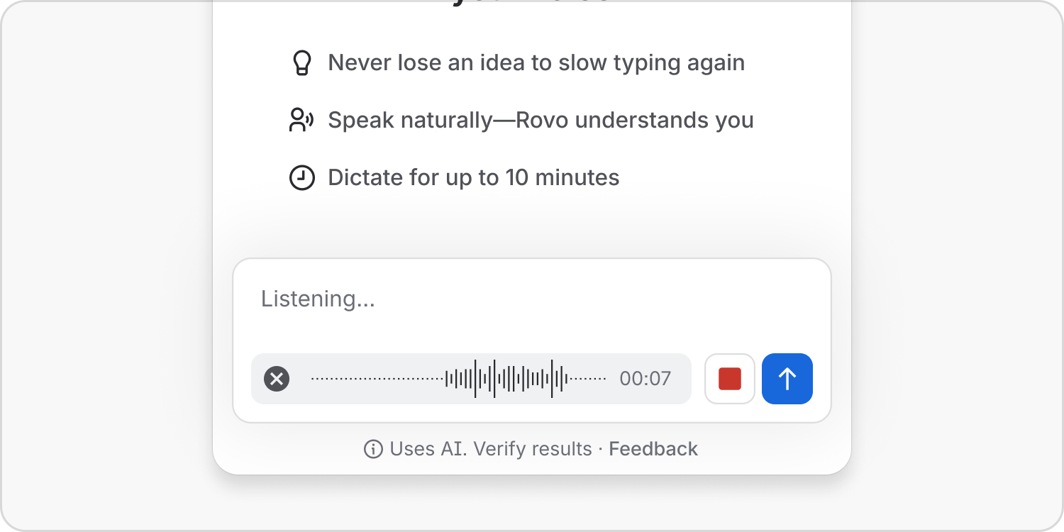 Rovo listens to spoken input, showing an audio waveform, elapsed recording time and controls to cancel, stop or send the recording.