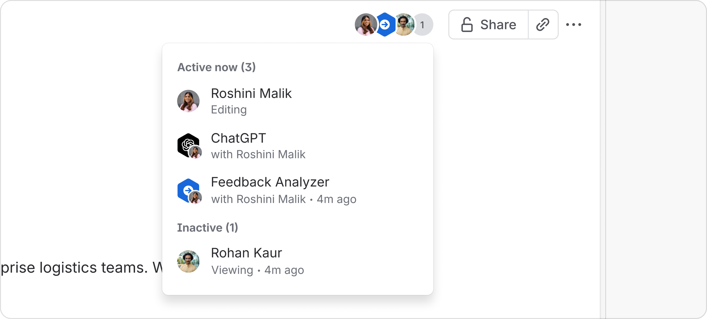A page's presence menu lists active and inactive people and agents, including the people associated with agent activity.