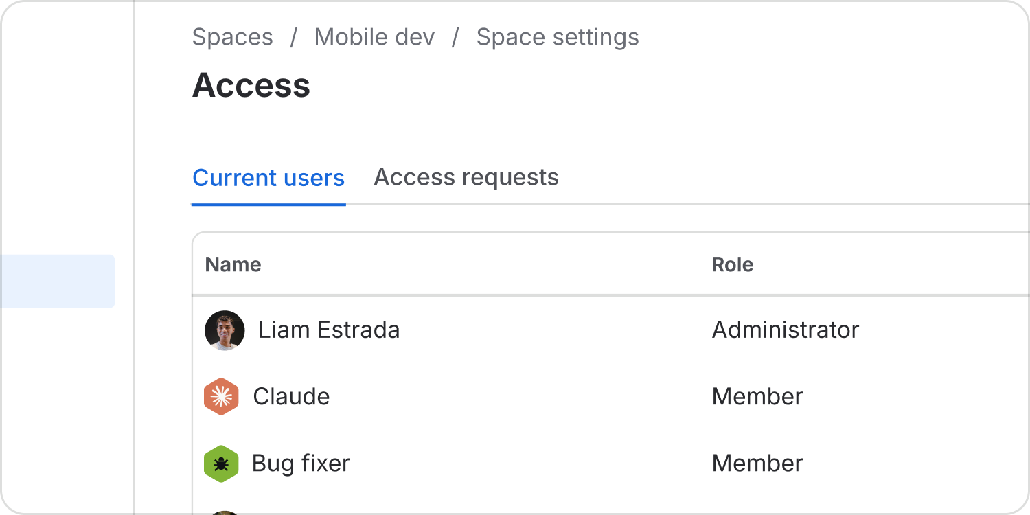 Space access settings list people and agents together, with roles such as Administrator and Member.