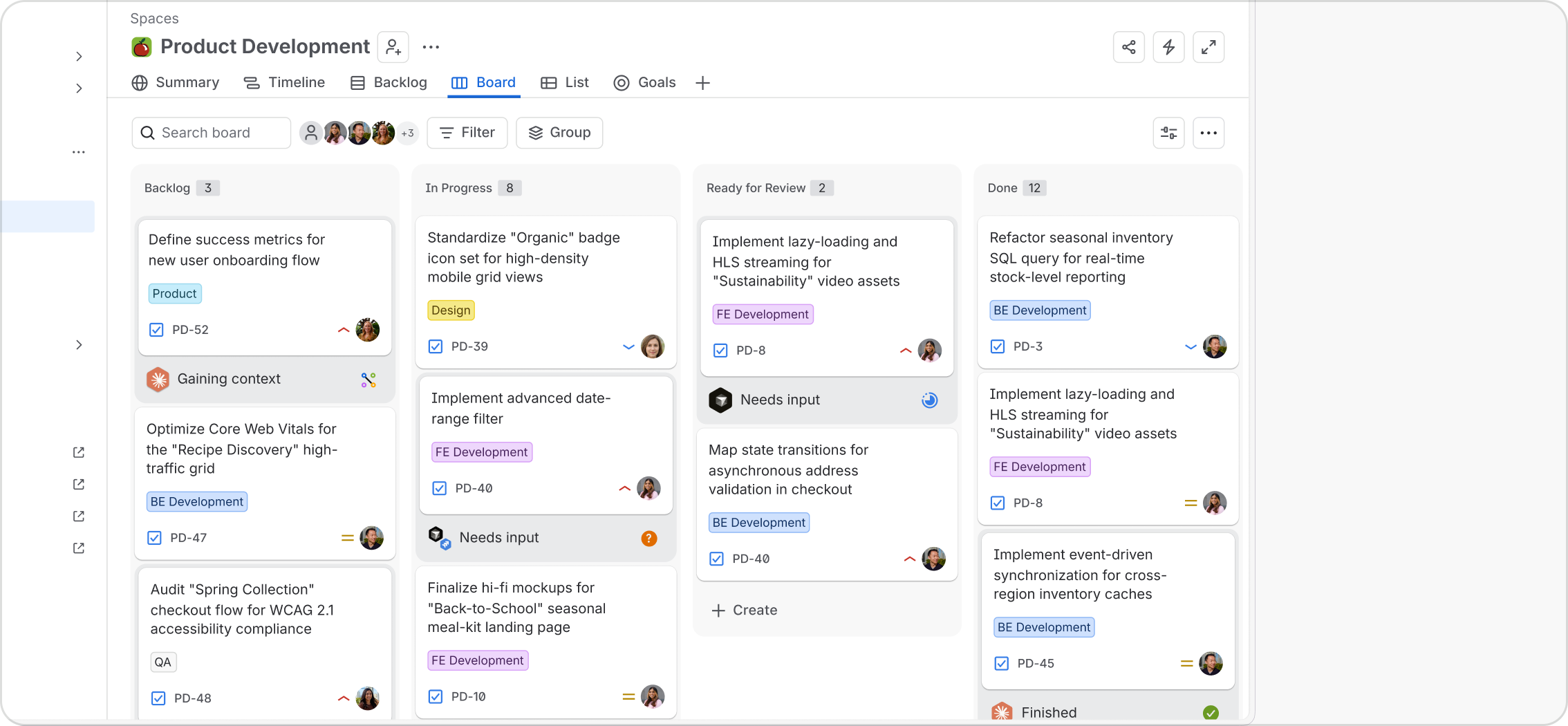 A Jira board shows people and agents working across workflow stages, with agent activity and status displayed beneath work item cards.