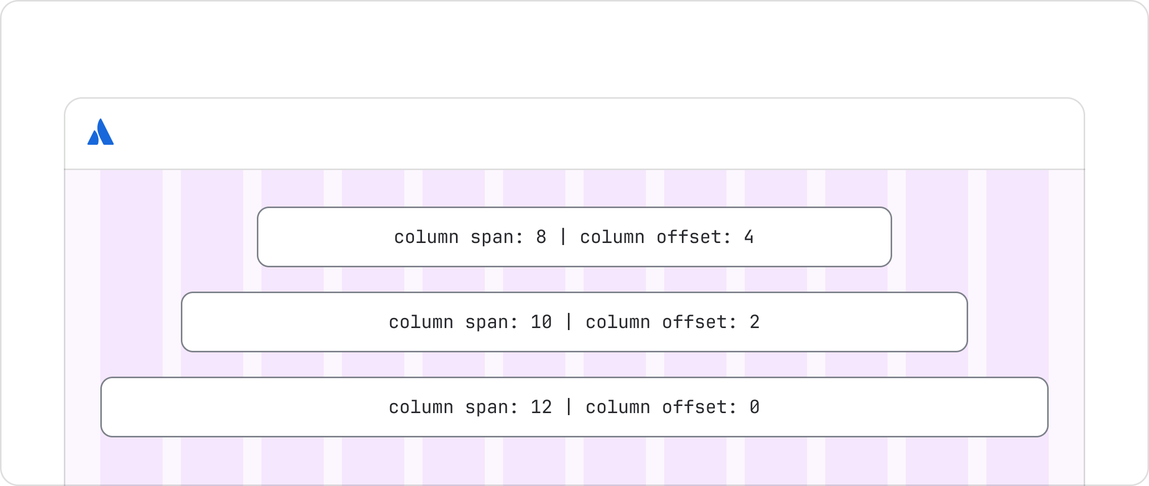 Diagram showing content arrangement center-aligned on the grid and spanning 8, 10, or 12 grid columns.