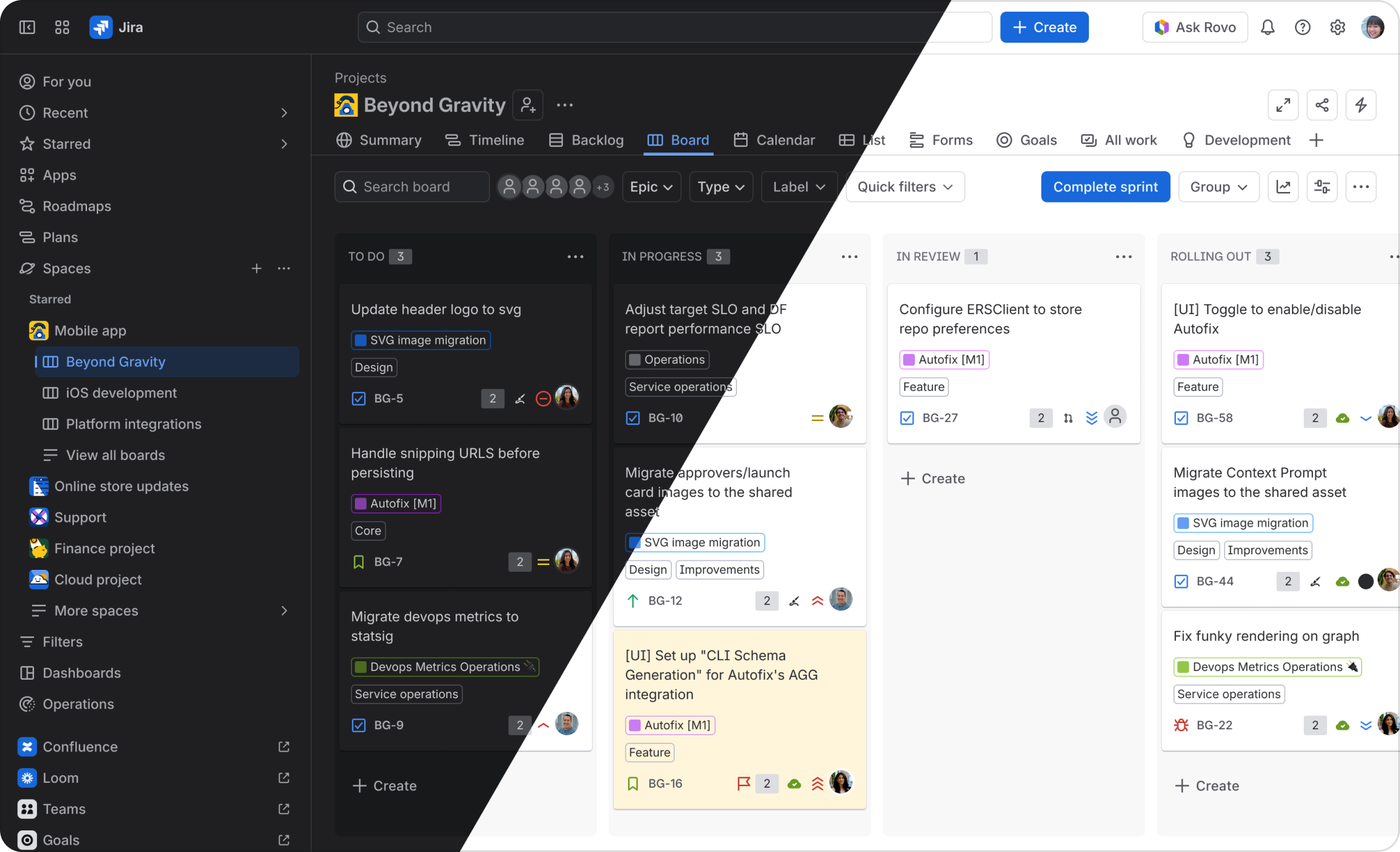 Screenshot of a Confluence page, which is shown half in light mode and half in dark mode. The button background uses B700 in light mode and B400 in dark mode. The section message background uses B100 in light mode and B1000 in dark mode.